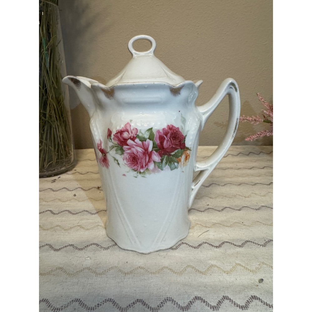 Antique Porcelain Chocolate Pot Pink Roses Floral Gold Trim Scalloped Edge 8.5in